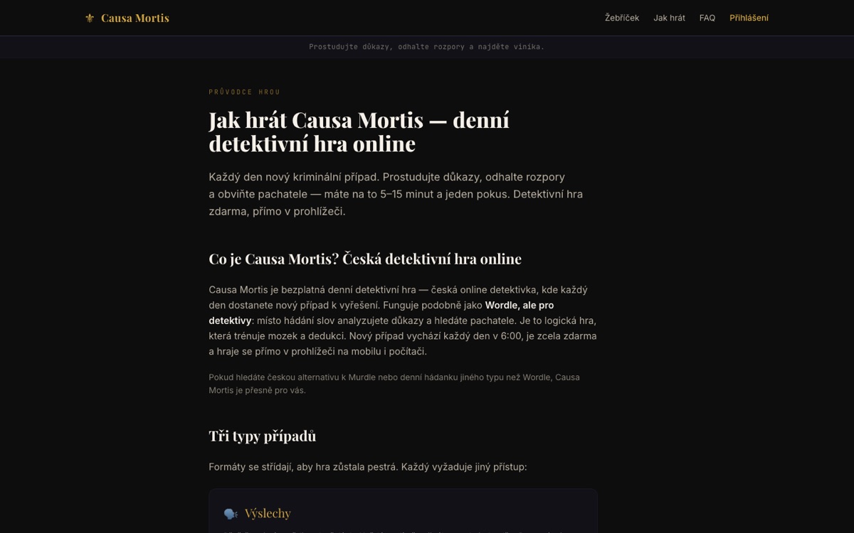 Stránka s návodem, jak hrát Causa Mortis