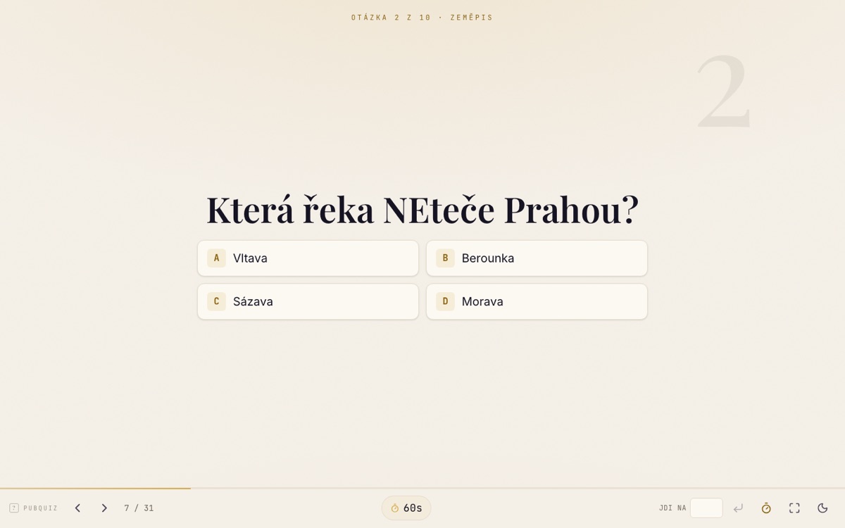 Otázka s výběrem ze čtyř možností a časomírou na obrazovce moderátora